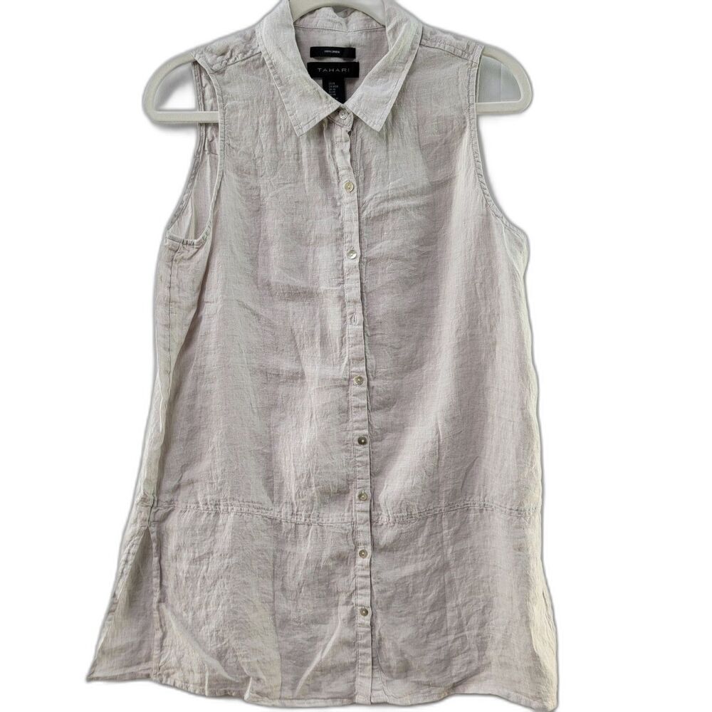 TAHARI White 100% Linen Blouse Sleeveless Button Closure Women's Size M